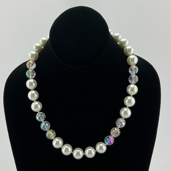 Swarovski White Crystal Pearl & Vtg Aurora Borealis Crystal Necklace & Earrings - Picture 3 of 15